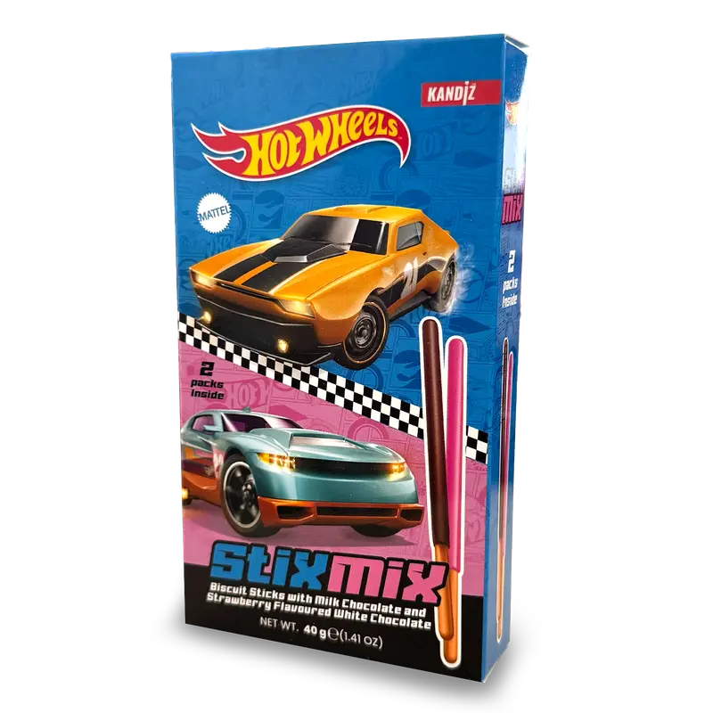 Hot Wheels StixMix - Keksstangen mit Milchschokolade und weißer Schokolade mit Erdbeergeschmack
